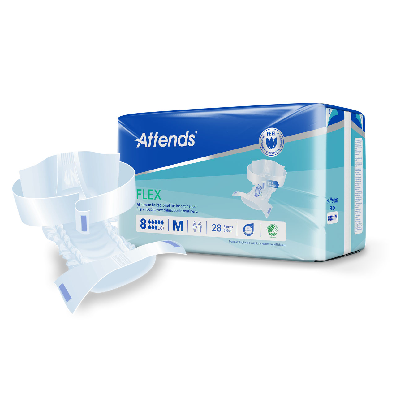Attends Flex ist eine Packung mit 28 Stück Inkontinenzwindeln in Größe M. Die Windel hat einen modernen, schlichten Aufdruck und ist offen präsentiert. Der Hintergrund ist hell und neutral.