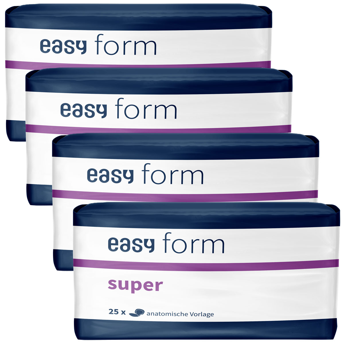 Vier Packungen mit dem Produkt -easy form super-. Jede Packung enthält 25 anatomische Vorlagen. Die Verpackungen sind hauptsächlich weiß mit blauen und lila Elementen.