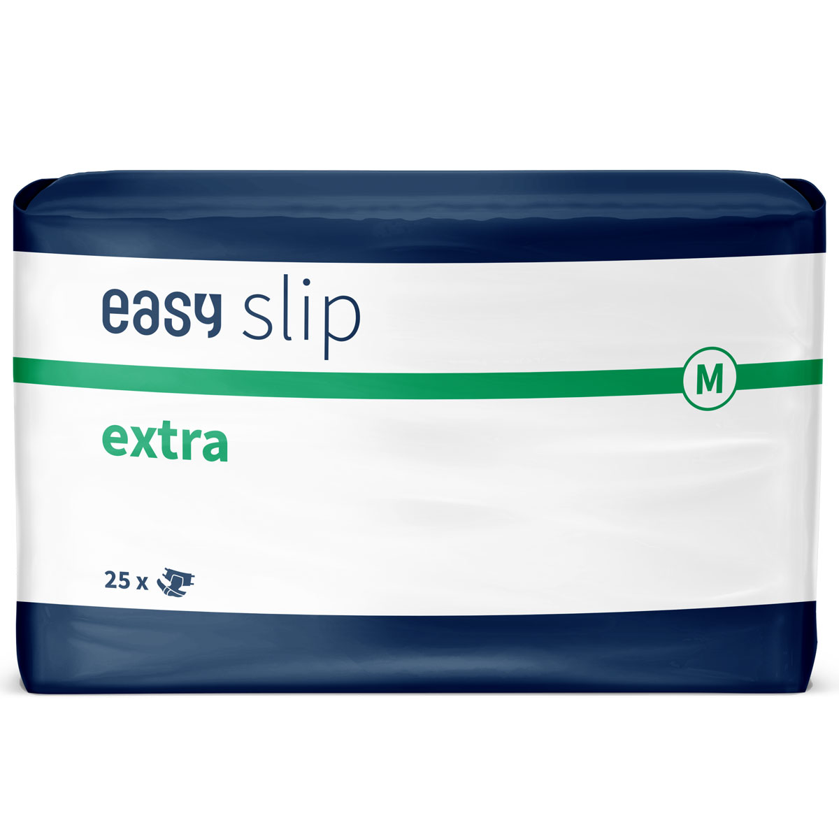 easyslip, extra, Größe M. Die Verpackung zeigt weißen Hintergrund mit grüner und blauer Umrandung. Es sind 25 Stück enthalten. Der Fokus liegt auf der Produktbezeichnung.