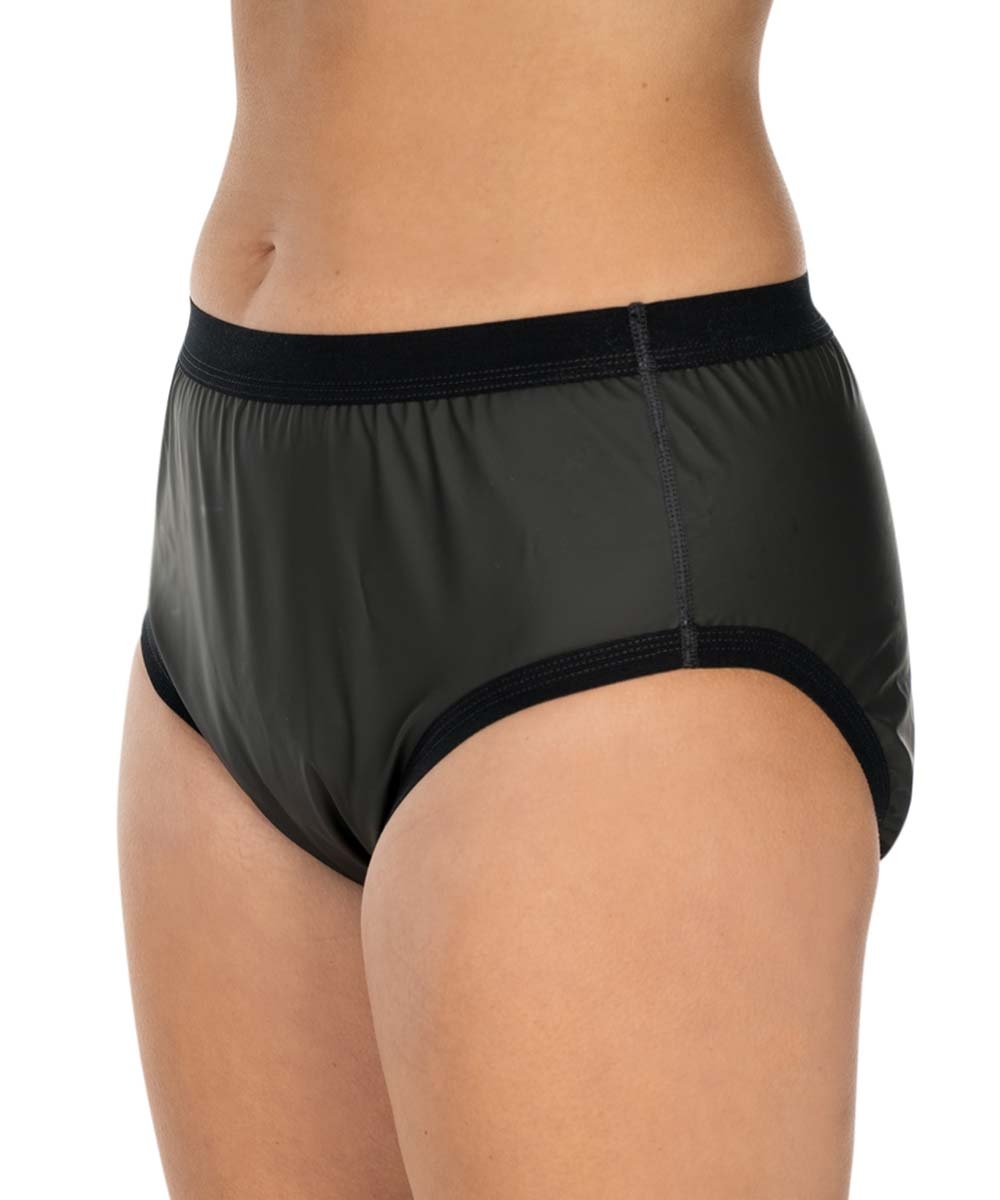 Schwarze, elastische Unterhose, die einen bequemen Sitz zeigt. Die Hose hat einen elastischen Bund und ist aus einem glänzenden Material gefertigt, mit einem neutralen Hintergrund.
