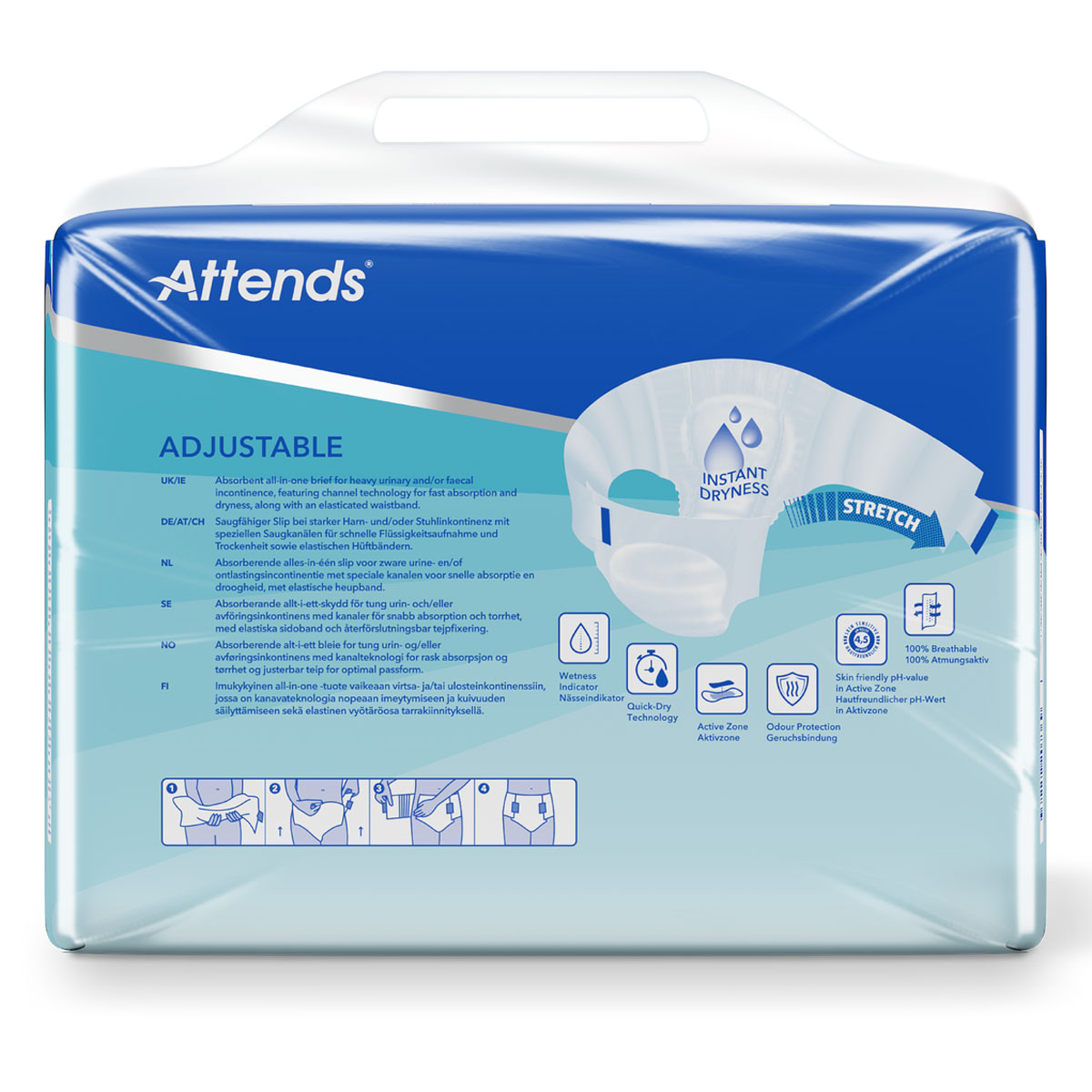 Packung mit anpassbaren Inkontinenzprodukten. Sie zeigt Informationen zu Funktionen wie sofortige Trockenheit, Dehnbarkeit und hautfreundliche Eigenschaften, präsentiert auf einem hellblauen Hintergrund.