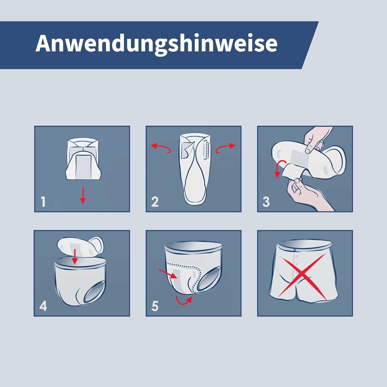 Anwendungshinweise in sechs Schritten: 1. Wickeln. 2. Drehen. 3. Anpassen. 4. Einlegen des Produkts. 5. Anziehen. 6. Falsches Produkt vermeiden (rote Markierung).