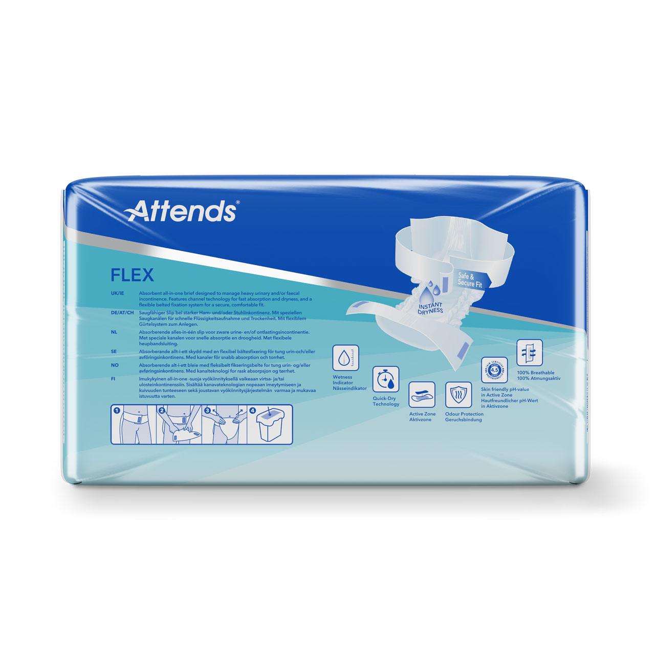 Die Verpackung enthält Inkontinenzprodukte mit der Bezeichnung -Attends FLEX-. Sie hebt Merkmale wie -sicheren Sitz-, -schnelle Trockenheit- und -atmungsaktives Material- hervor. Mehrsprachige Anweisungen sind aufgedruckt.