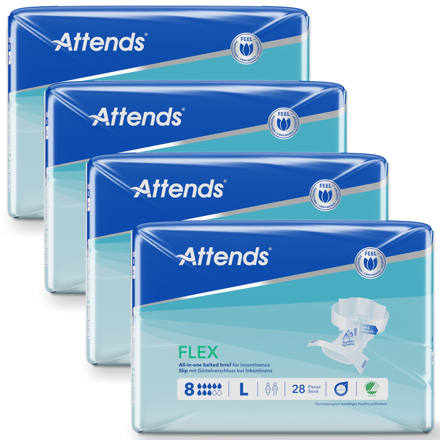 Vier Packungen Attends FLEX Windeln für Inkontinenz liegen übereinander. Jede Verpackung hat ein blaues Design mit dem Schriftzug -Attends- und Angaben zur Produktbeschreibung in deutscher Sprache.