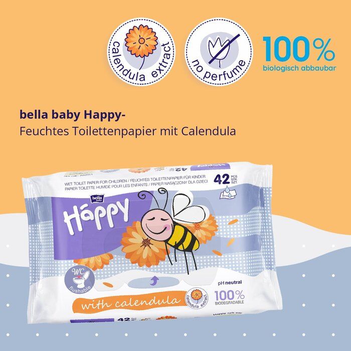 Feuchtes Toilettenpapier für Kinder mit Calendula, verpackt in einer bunten Tüte mit einem lächelnden Bienchen. Enthält 42 Stück, pH-neutral und 100 % biologisch abbaubar.
