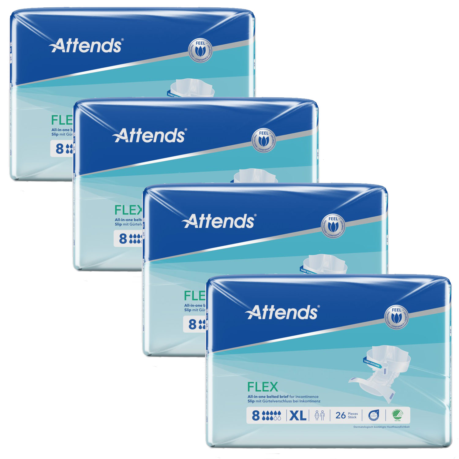 Vier Verpackungen von Attends FLEX. Jede Verpackung zeigt ein Design in Blau und Türkis mit einer Abbildung einer Inkontinenzunterlage. Sichtbar sind die Größenbezeichnung -XL- und die Anzahl von 26 Stück pro Packung.