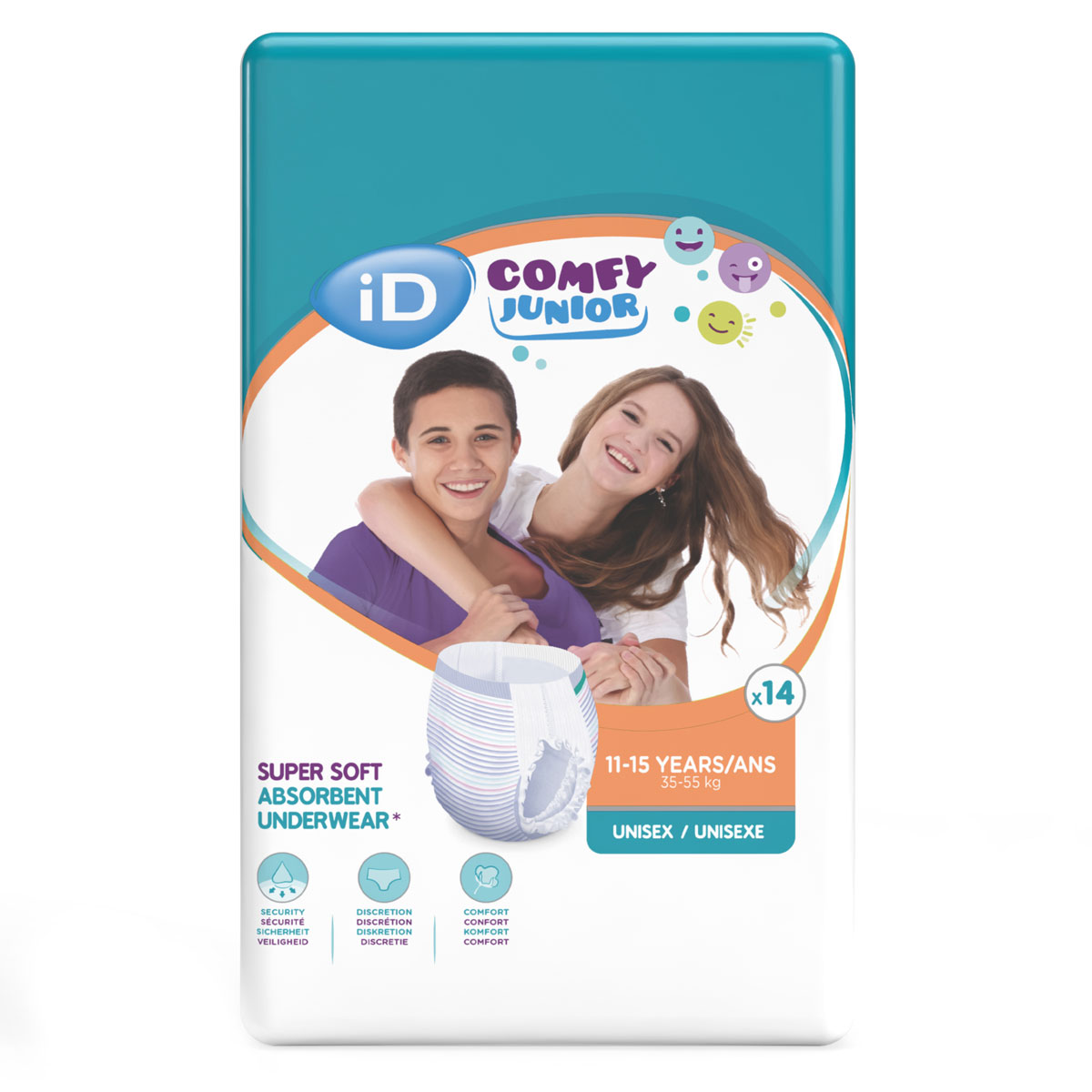 Packung mit super weichen, saugfähigen Unterhosen für Jugendliche (11-15 Jahre, 35-55 kg). Abgebildet sind zwei fröhliche Jugendliche. Hinweise zu Diskretion und Komfort sind sichtbar.