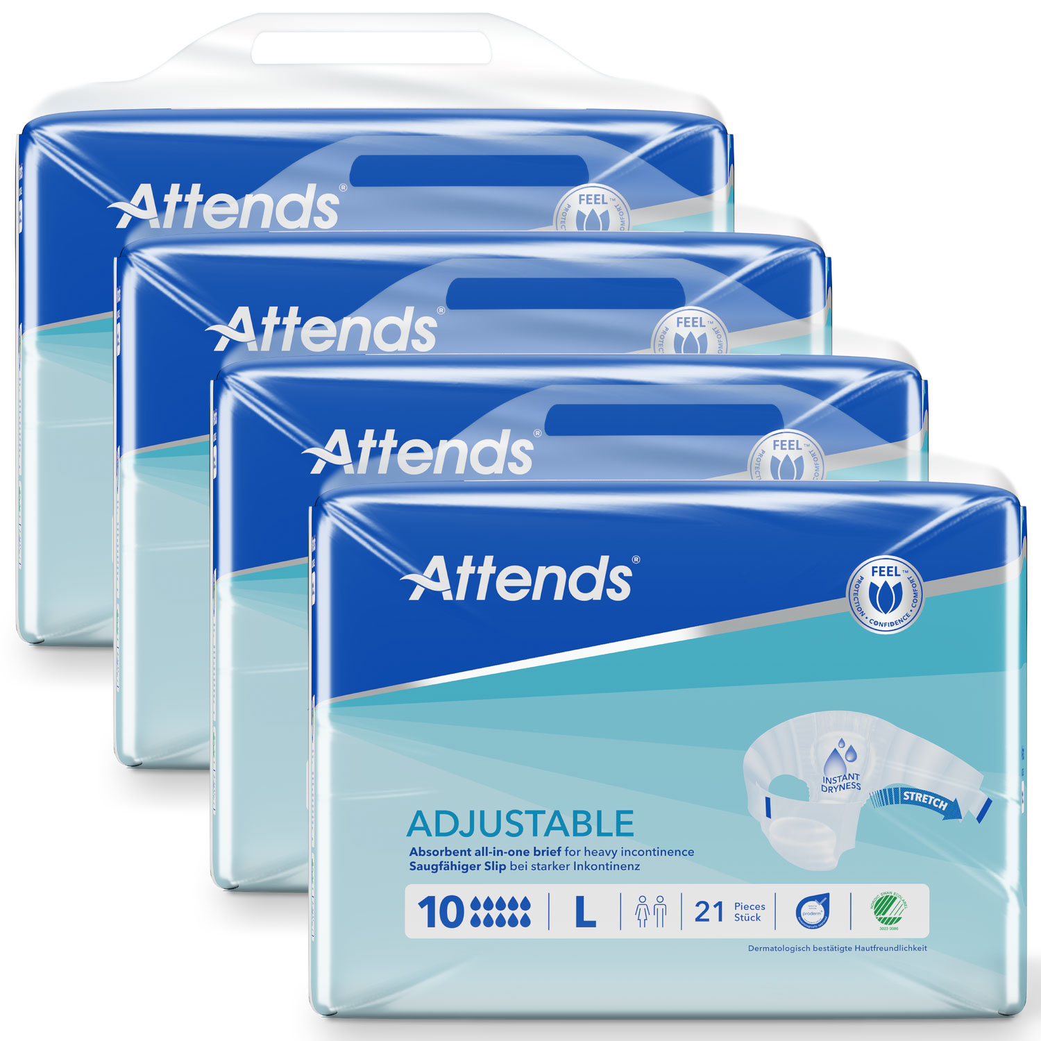 Vier Packungen mit Attends Produkten, die als absorbierende, anpassbare Inkontinenzwindeln für starke Inkontinenz gekennzeichnet sind. Jede Packung enthält 21 Stück in Größe L.