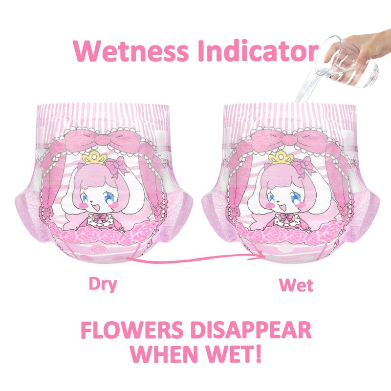 Mädchenwindeln in Pink zeigen einen Feuchtigkeitsindikator. Auf der linken Seite sind sie trocken (blühende Blumen), auf der rechten Seite nass (Blumen verschwinden) während Wasser einfließt.